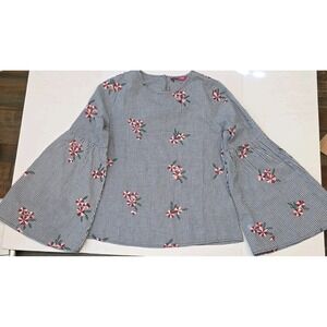 Marie Claire Paris Womens Top Embroidered Floral Blue White Checker Size Small